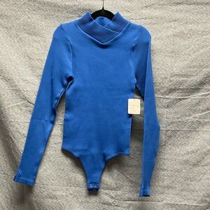 Free People Cozy Blue Ribbed  Bodysuit